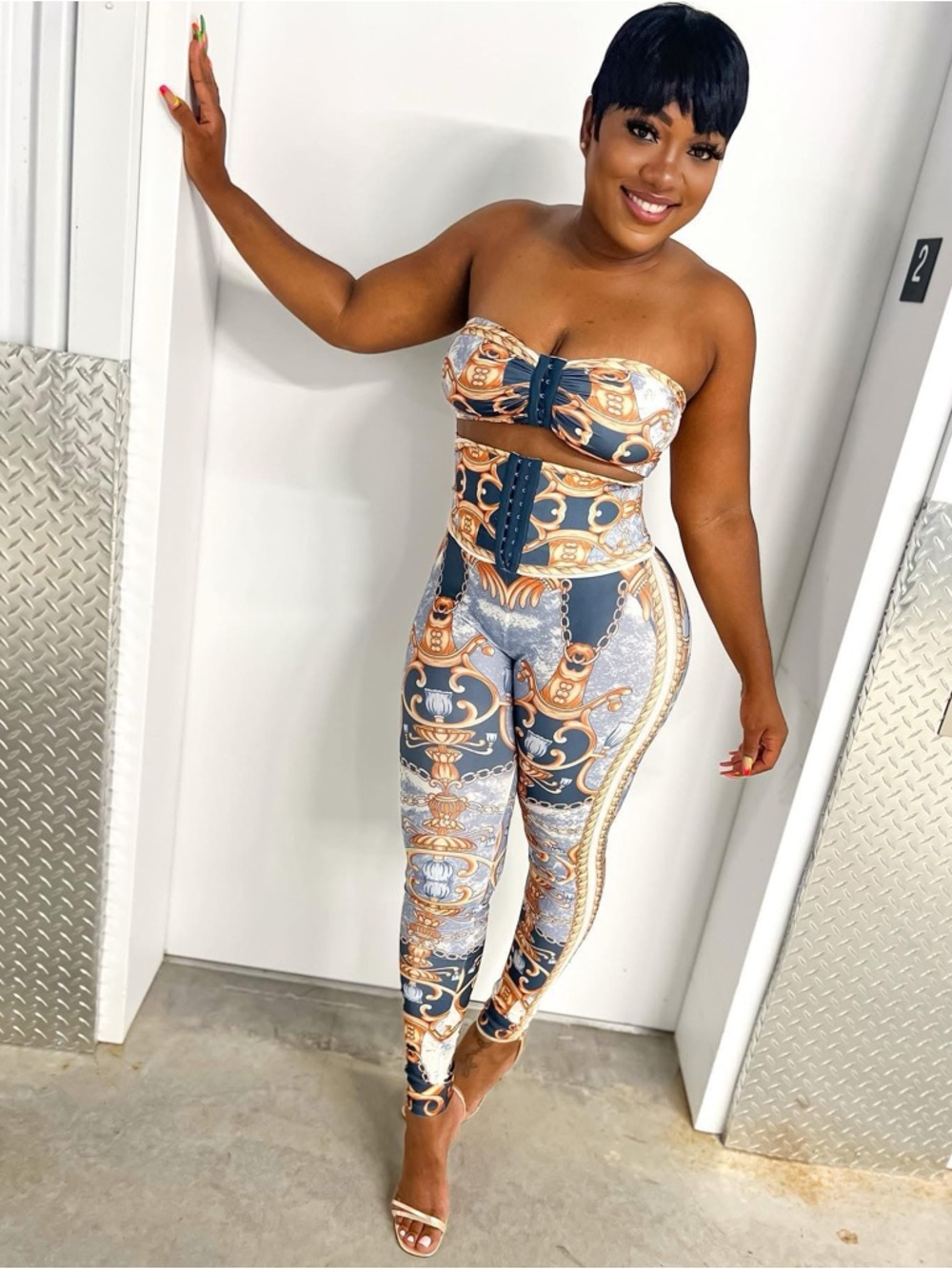 Strapless Printed Jumpsuit - Blue & Gold